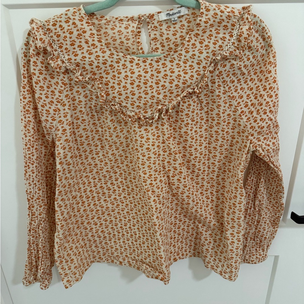 Madewell Floral Ruffle Blouse Size Large Orange Cream 100% Cotton Boho Peasant